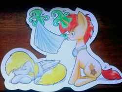 Size: 1024x768 | Tagged: safe, artist:lrusu, derpy hooves, oc, oc:tick tock, pegasus, pony, blanket, female, mare