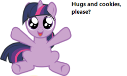 Size: 416x250 | Tagged: safe, derpibooru import, twilight sparkle, bronybait, cookie, filly, hug, solo, text