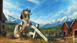 Size: 1920x1080 | Tagged: safe, artist:huussii, applejack, earth pony, pony, barn, bipedal leaning, bucket, farm, female, fence, grin, hat, hay, leaning, looking at you, looking back, mare, mountain, plot, scenery, scenery porn, smiling, solo, sweet apple acres, wallpaper, well, widescreen