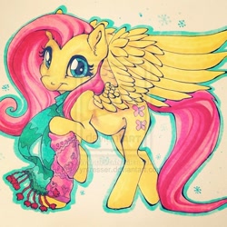 Size: 600x600 | Tagged: safe, artist:vyntresser, fluttershy, pegasus, pony, clothes, leg warmers, scarf, solo, traditional art, watermark