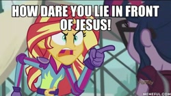 Size: 600x337 | Tagged: safe, screencap, sci-twi, sunset shimmer, twilight sparkle, equestria girls, friendship games, a tale of two santas, angry, christian sunset shimmer, futurama, image macro, meme, sunset yells at twilight