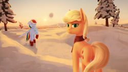 Size: 2430x1385 | Tagged: safe, artist:quvr, derpibooru import, applejack, rainbow dash, earth pony, pegasus, pony, boots, clothes, female, looking at you, scarf, shoes, snow, sun, sunset, tree