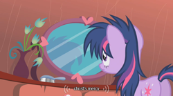 Size: 640x355 | Tagged: safe, derpibooru import, edit, edited screencap, screencap, twilight sparkle, pony, bridle gossip, bed mane, butt, caption, female, jesus christ, mare, mirror, morning ponies, plot, solo, youtube caption