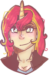 Size: 205x316 | Tagged: safe, artist:ultraderpymuffin, sunset shimmer, human, blushing, bust, female, horned humanization, humanized, looking at you, portrait, simple background, smiling, solo, transparent background