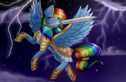 Size: 4479x2894 | Tagged: safe, artist:nuumia, derpibooru import, rainbow dash, pegasus, pony, armor, eye reflection, flying, lightning, mouth hold, night, reflection, solo, sword, weapon