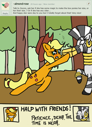 Size: 2500x3429 | Tagged: safe, artist:doggonepony, applejack, zecora, earth pony, pony, zebra, comic, drunk aj 365