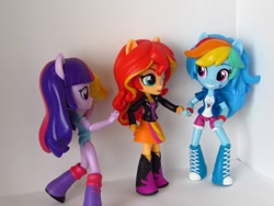 Size: 1120x840 | Tagged: safe, artist:whatthehell!?, derpibooru import, rainbow dash, sunset shimmer, twilight sparkle, equestria girls, alcohol, beer, boots, clothes, doll, equestria girls minis, irl, jacket, jar, leg warmers, photo, ponied up, shoes, shorts, skirt, smiley face, toy