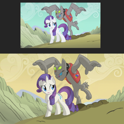 Size: 2300x2300 | Tagged: safe, artist:lemon, edit, edited screencap, screencap, rarity, rover, diamond dog, pony, unicorn, a dog and pony show, frown, looking back, mlpg, raised hoof, scene interpretation, worried