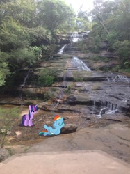 Size: 1024x1371 | Tagged: safe, artist:didgereethebrony, derpibooru import, rainbow dash, twilight sparkle, twilight sparkle (alicorn), alicorn, australia, blue mountains, didgeree collection, irl, katoomba, mlp in australia, photo, ponies in real life, waterfall, wet mane