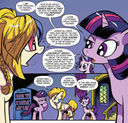 Size: 1050x1008 | Tagged: safe, artist:andypriceart, idw, golden feather, princess celestia, starlight glimmer, twilight sparkle, twilight sparkle (alicorn), alicorn, pegasus, pony, unicorn, spoiler:comic, spoiler:comic65, braid, braided tail, comic, cropped, female, hoof on chin, mare, narrowed eyes, official comic, question mark, speech bubble, suspicious, transformed