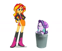 Size: 1275x1050 | Tagged: safe, starlight glimmer, sunset shimmer, equestria girls, abuse, beanie, boots, downvote bait, drama, glimmerbuse, hat, high heel boots, op is a cuck, op is trying to start shit, out of character, sad, scaredy glimmer, shoes, simple background, starlight drama, trash can, white background