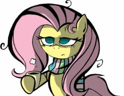 Size: 570x441 | Tagged: safe, artist:labba94, fluttershy, pegasus, pony, animated, clothes, coffee, scarf, solo