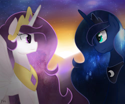 Size: 6000x5000 | Tagged: safe, artist:kmitangol, princess celestia, princess luna, alicorn, pony, absurd resolution, looking at each other, stars, sunrise