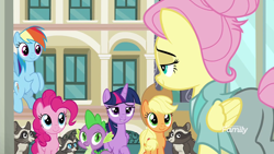 Size: 1920x1080 | Tagged: safe, derpibooru import, screencap, applejack, fluttershy, pinkie pie, rainbow dash, rarity, smoky, smoky jr., softpad, twilight sparkle, twilight sparkle (alicorn), alicorn, earth pony, pegasus, pony, raccoon, unicorn, fake it 'til you make it, alternate hairstyle, clothes, discovery family logo, female, mare, severeshy