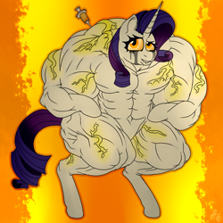 Size: 1024x1024 | Tagged: safe, artist:sovereignbooty, rarity, pony, unicorn, bipedal, blank flank, fetish, golden eyes, muscle fetish, muscles, ripped rarity, running makeup, steroids, syringe, vein