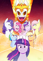 Size: 2480x3507 | Tagged: safe, artist:0ndshok, applejack, daybreaker, fluttershy, pinkie pie, rainbow dash, rarity, starlight glimmer, twilight sparkle, alicorn, earth pony, pegasus, pony, unicorn, female, horn, looking at each other, looking at you, looking back, looking up, mane six, mare, smiling, wings