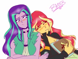 Size: 1024x768 | Tagged: safe, artist:brickercupmasterx3, aria blaze, sunset shimmer, equestria girls, book, clothes, crossed arms, duo, eyes closed, female, jacket, journal, leather jacket, lesbian, shipping, sunblaze