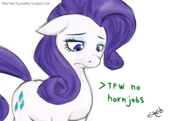 Size: 1500x1061 | Tagged: safe, artist:ereb-tauramandil, rarity, pony, unicorn, greentext, missing horn, solo, text