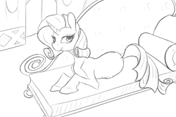 Size: 1280x855 | Tagged: safe, artist:shirohomura, rarity, pony, unicorn, fainting couch, monochrome, solo