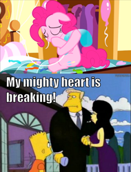 Size: 750x988 | Tagged: safe, screencap, pinkie pie, earth pony, pony, pinkie pride, balloon, bart simpson, heartbreak, image macro, rainier wolfcastle, sad, the simpsons