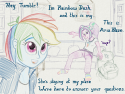 Size: 2560x1920 | Tagged: safe, artist:cybersquirrel, derpibooru import, aria blaze, rainbow dash, equestria girls, ariadash, backpack, clothes, colored sketch, digital art, female, lesbian, misleading thumbnail, pillow, rainbow socks, shipping, socks, sofa, striped socks, traditional art emulation, tumblr, tumblr:ariadash