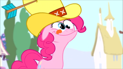 Size: 854x480 | Tagged: safe, pinkie pie, earth pony, pony, pinkie pride, :p, faic, floppy ears, hat, silly face, smiling, solo, tongue out