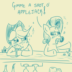 Size: 2500x2500 | Tagged: safe, artist:doggonepony, applejack, rarity, earth pony, pony, unicorn, drunk aj 365, monochrome