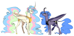 Size: 1000x490 | Tagged: safe, artist:sutexii, princess celestia, princess luna, alicorn, classical unicorn, pony, curved horn, leonine tail, simple background