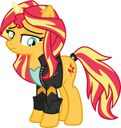 Size: 1675x1765 | Tagged: safe, artist:meimisuki, artist:starryoak, sunset shimmer, pony, unicorn, alternate hairstyle, alternate universe, base used, equestria girls outfit, female, mare, miracleverse, ponified, simple background, solo, transparent background, vector