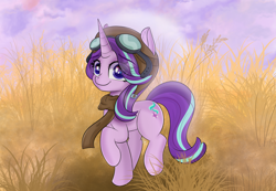 Size: 5787x3996 | Tagged: safe, artist:janelearts, starlight glimmer, pony, unicorn, aviator goggles, aviator hat, clothes, cute, glimmerbetes, goggles, grass, grass field, hat, high res, looking at you, pilot glasses, pilot helmet, raised hoof, scarf, smiling, smiling at you, solo, transparent mane