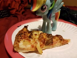 Size: 4032x3024 | Tagged: safe, derpibooru import, rainbow dash, food, funko, irl, paper plate, photo, pineapple, pineapple pizza, pizza, plate, solo, toy, waifu dinner