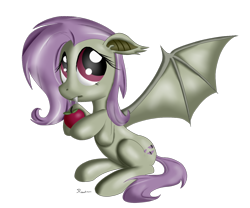 Size: 1300x1080 | Tagged: safe, artist:ravirr94, fluttershy, bat pony, pony, bats!, apple, flutterbat, race swap, solo