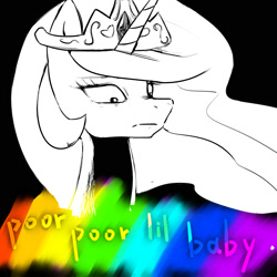 Size: 2000x2000 | Tagged: safe, artist:coldbest, princess celestia, alicorn, pony, black background, bust, crown, female, horn, looking down, mare, simple background, solo, text