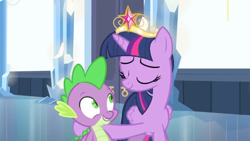 Size: 1280x720 | Tagged: safe, derpibooru import, screencap, spike, twilight sparkle, twilight sparkle (alicorn), alicorn, equestria girls, equestria girls (movie), big crown thingy, crown, crystal empire, hug, spikelove