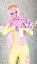 Size: 1024x1745 | Tagged: safe, artist:hannuki, artist:vladimir-holstinin, fluttershy, human, cosplay, g36, g36c, gun, irl, irl human, photo, solo