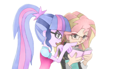 Size: 1024x576 | Tagged: safe, artist:root, derpibooru exclusive, sci-twi, sunset shimmer, twilight sparkle, equestria girls, book, glasses, simple background, transparent background