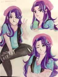 Size: 960x1280 | Tagged: safe, artist:harleysart, starlight glimmer, equestria girls, beanie, hat, messy eating, one eye closed, peace sign, traditional art, watercolor painting, wink