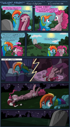 Size: 2490x4470 | Tagged: safe, artist:seventozen, derpibooru import, pinkie pie, rainbow dash, earth pony, pegasus, pony, comic:twilight fright, bed, comic, gravestone, monty python, nightmare, on back, pinkamena diane pie, sleeping, spanish inquisition