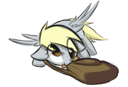 Size: 731x497 | Tagged: safe, artist:mostazathy, derpy hooves, pegasus, pony, cute, derpabetes, female, mailbag, mare, muffin, simple background, solo