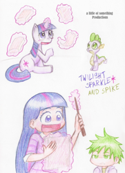 Size: 652x900 | Tagged: safe, artist:alittleofsomething, derpibooru import, spike, twilight sparkle, humanized, levitation, magic, paper, telekinesis, traditional art, wand