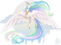 Size: 1200x878 | Tagged: safe, artist:mocha-shortcake, princess celestia, alicorn, pony, eyes closed, large wings, majestic, solo, spread wings