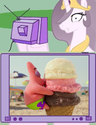 Size: 577x750 | Tagged: safe, princess celestia, alicorn, pony, exploitable meme, ice cream, kissing, meme, obligatory pony, patrick star, princess molestia, sponge out of water, spongebob squarepants, tv meme