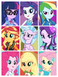 Size: 3106x4096 | Tagged: safe, applejack, fluttershy, pinkie pie, rainbow dash, rarity, sci-twi, silverstream, starlight glimmer, sunset shimmer, twilight sparkle, classical hippogriff, hippogriff, better together, equestria girls, school daze, humane five, humane seven, humane six, one of these things is not like the others