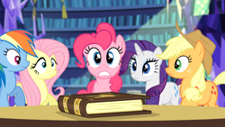 Size: 1366x768 | Tagged: safe, derpibooru import, screencap, applejack, fluttershy, pinkie pie, rainbow dash, rarity, equestria girls, rainbow rocks, book, frown, gritted teeth, journey book, raised hoof, shocked, table, wide eyes