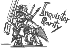 Size: 7020x4950 | Tagged: safe, artist:wreky, rarity, pony, unicorn, absurd resolution, crossover, giant hat, hat, inquisition, inquisitor, magic, monochrome, power sword, sketch, solo, sword, telekinesis, warhammer (game), warhammer 40k