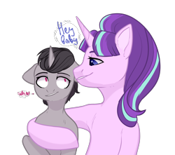 Size: 2600x2300 | Tagged: safe, artist:sashkamardes, starlight glimmer, oc, oc:black steel, pony, unicorn, canon x oc, implied lesbian, implied shipping, simple background, size difference, transparent background