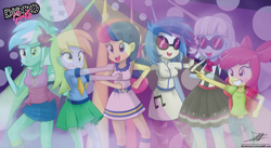 Size: 1898x1039 | Tagged: safe, artist:the-butch-x, apple bloom, bon bon, derpy hooves, dj pon-3, lyra heartstrings, photo finish, sweetie drops, vinyl scratch, equestria girls, dancing, disco, disco ball, disco dance