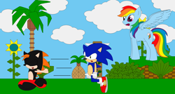 Size: 1824x978 | Tagged: safe, artist:awvr8888, derpibooru import, rainbow dash, oc, oc:sierra summit, pegasus, pony, crossover, green hill zone, sonic the hedgehog, sonic the hedgehog (series)