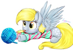 Size: 1280x871 | Tagged: artist needed, safe, derpy hooves, pegasus, pony, behaving like a cat, clothes, cute, derpabetes, female, mare, solo, sweater, tongue out, yarn