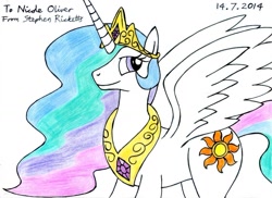 Size: 1115x811 | Tagged: safe, artist:sricketts14381, princess celestia, alicorn, pony, simple background, solo, spread wings, traditional art